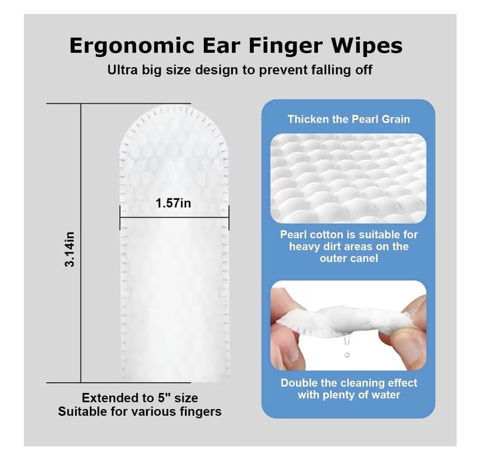 Ergonomic ear finger wipes with features and measurements on a gray background