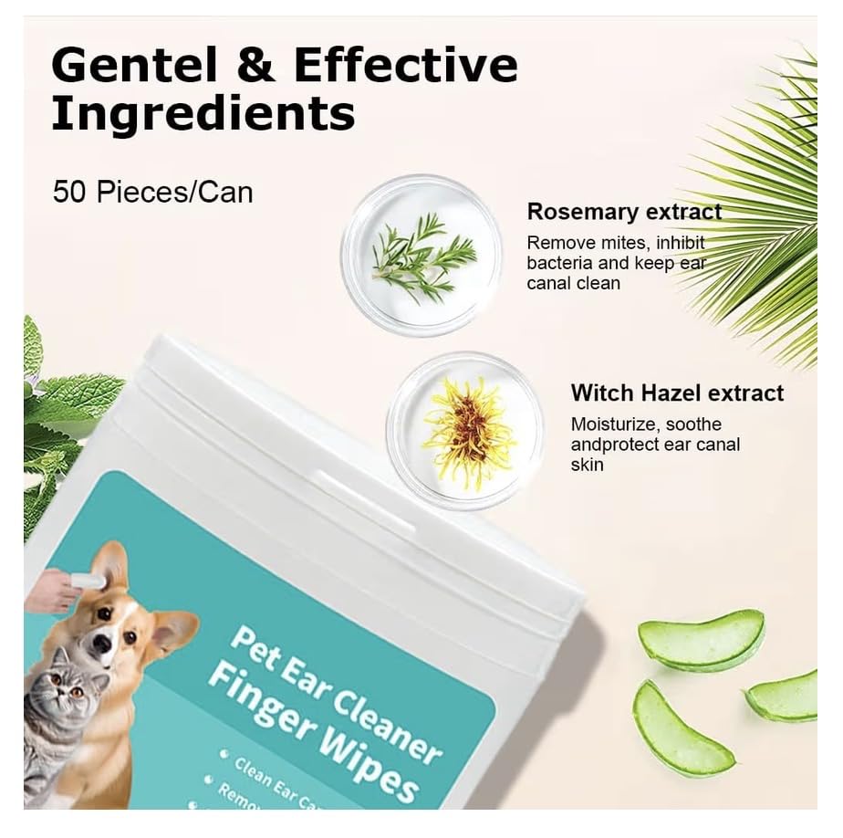 Pet ear cleaner finger wipes with ingredients like rosemary extract and witch hazel extract on a light background.