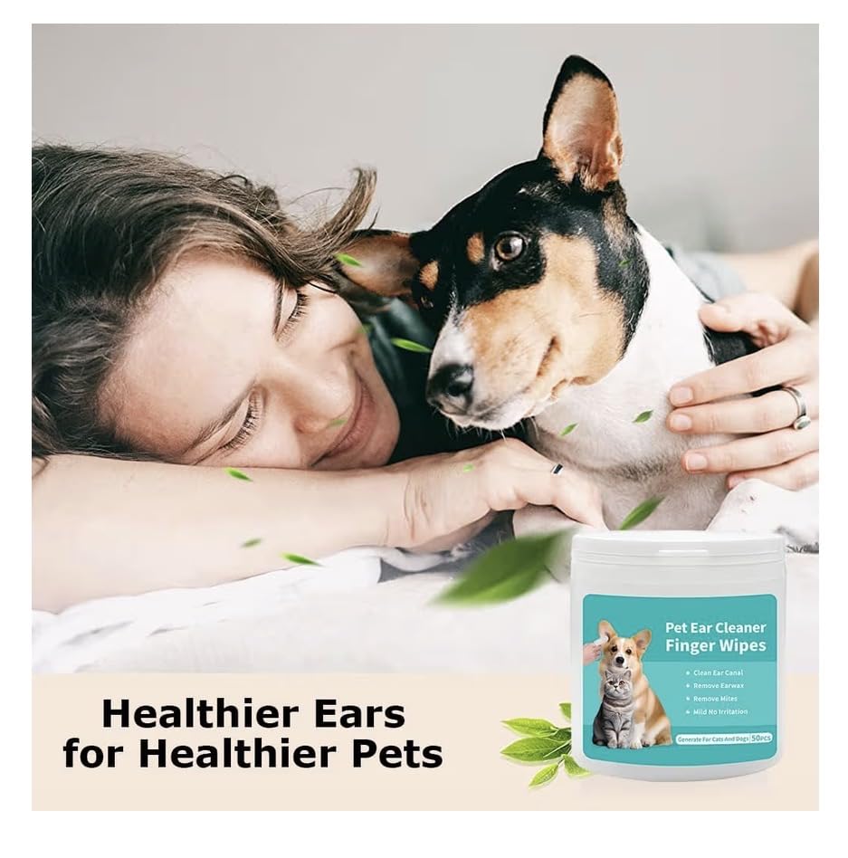 Person holding a dog with a product for pet ear cleaning in the foreground