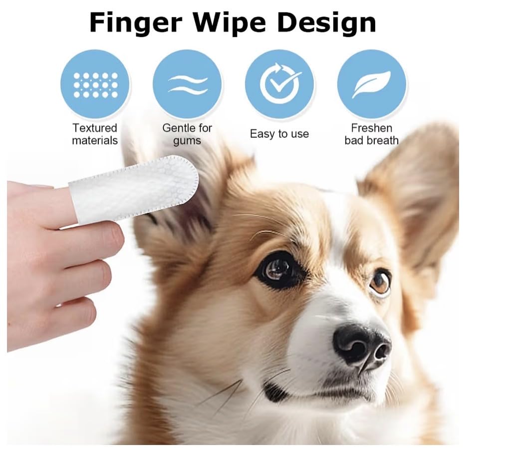 Dog with a finger wipe design labeled for textured materials, gentle for gums, easy to use, and freshen bad breath.