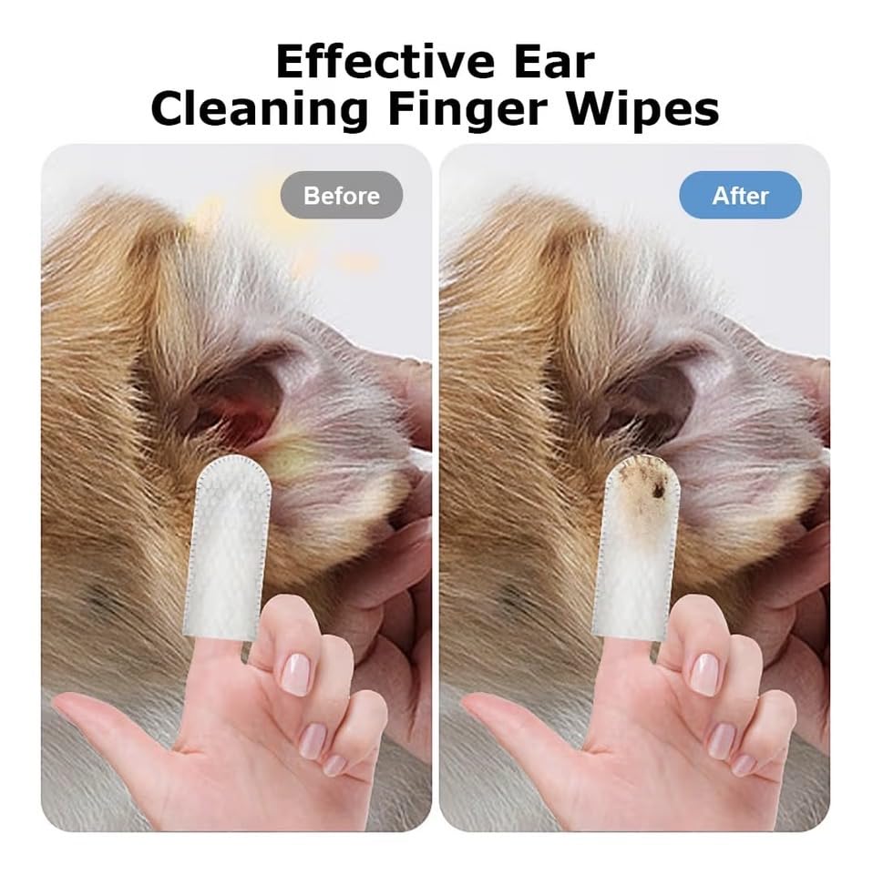 Before and after comparison of a dog's ear with ear cleaning finger wipes.